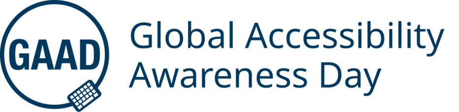 Logo GAAD: Weißer Hintergrund, Dunkelblauer Kreis, darin in Großbuchstaben „GAAD“. Rechts unten am Kreis ein Piktogramm einer Tastatur, rechts daneben "Global Accessibility Awareness Day". 
