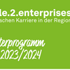 Text: female.2.enterprises, Frauen machen Karriere in der Region, Semesterprogramm Winter 2023/2024  Grafik: Frau mit großer Glühbirne, Frau mit Rakete auf dem Rücken. 