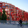 A street with red houses.