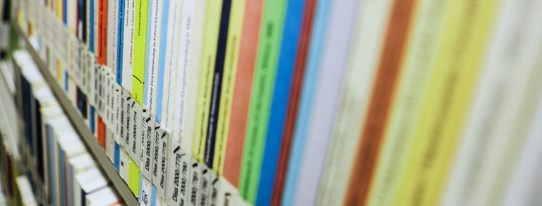 Bücher mit der Aufschrift Dissertation auf dem Buchrücken im Bücherregal der Bibliothek